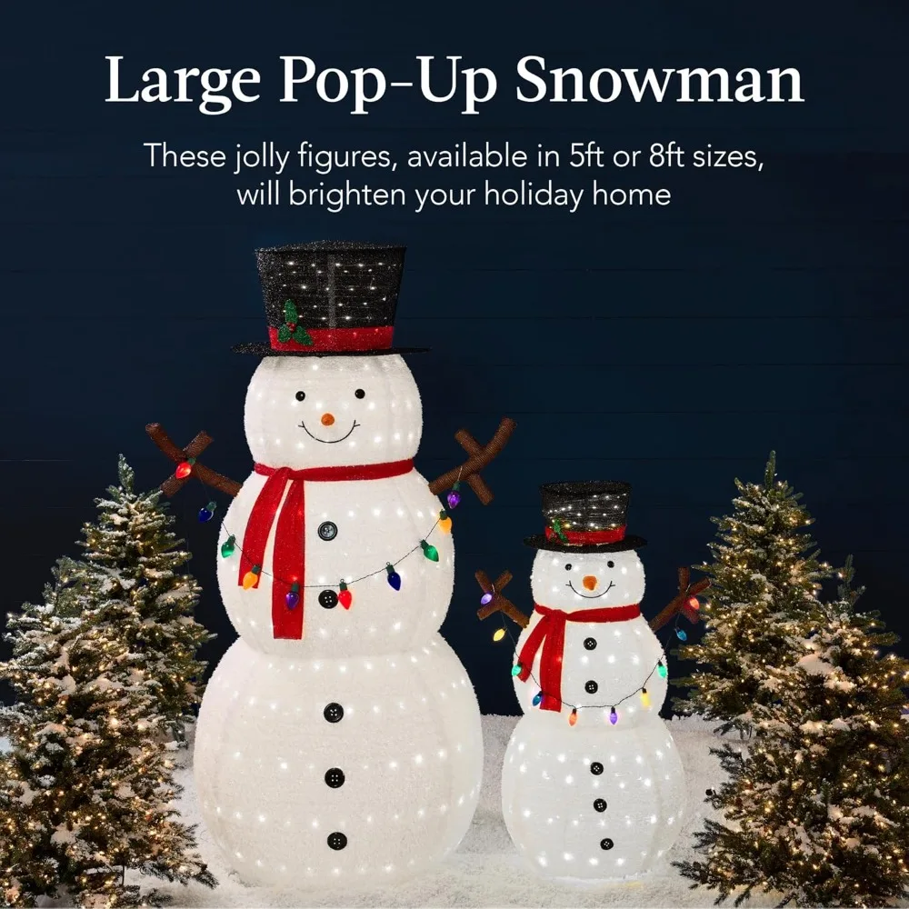 8 foot lit pop up Snowman, large white outdoor Christmas holiday decoration, with 350 led lights, hat,scarf, five colored lights