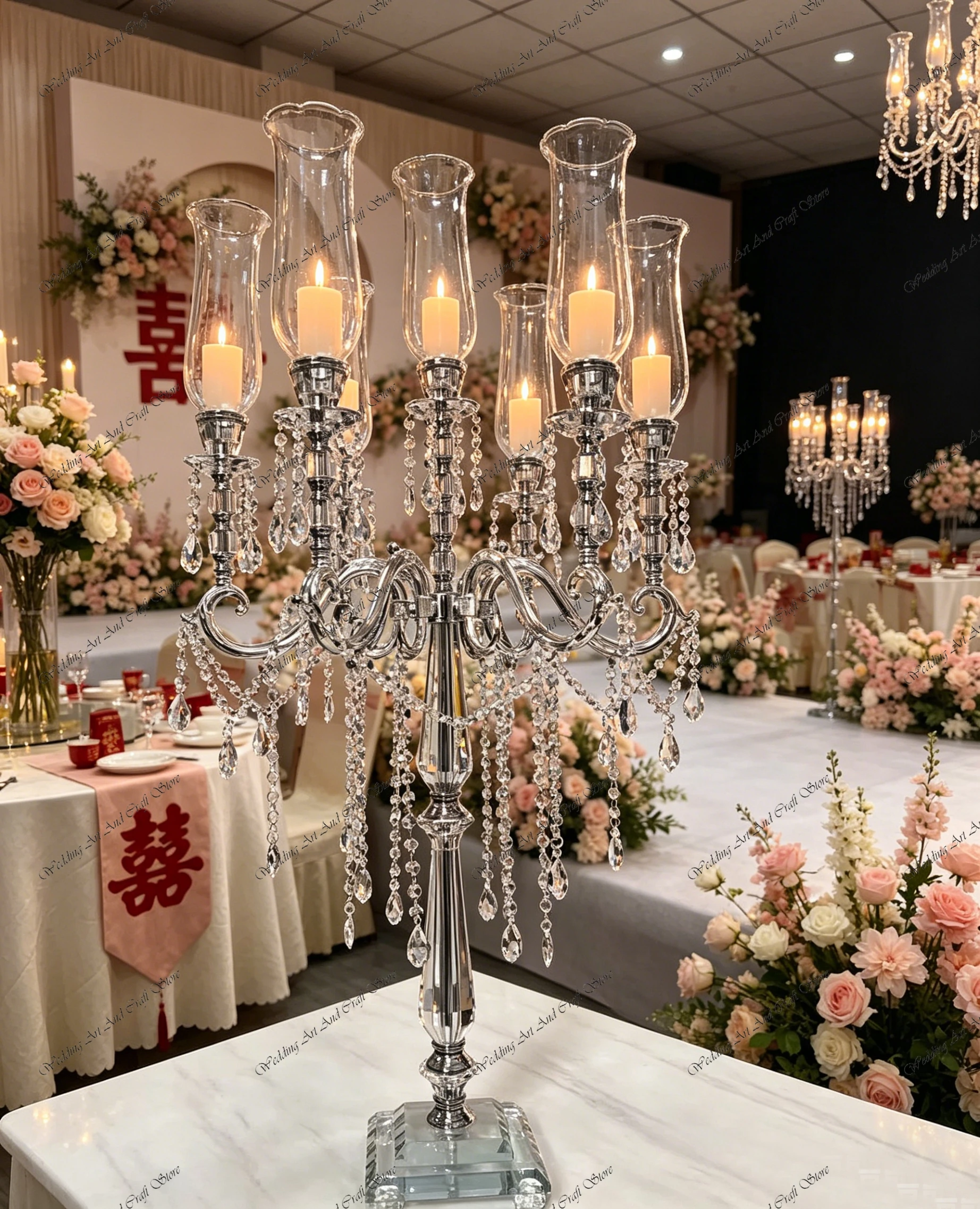 4pcs f30 100-150cm 7 Arms Clear Glass Crystal Candlestick Light Gold Metal Candle Holder for Wedding Table Centerpiece ivy979
