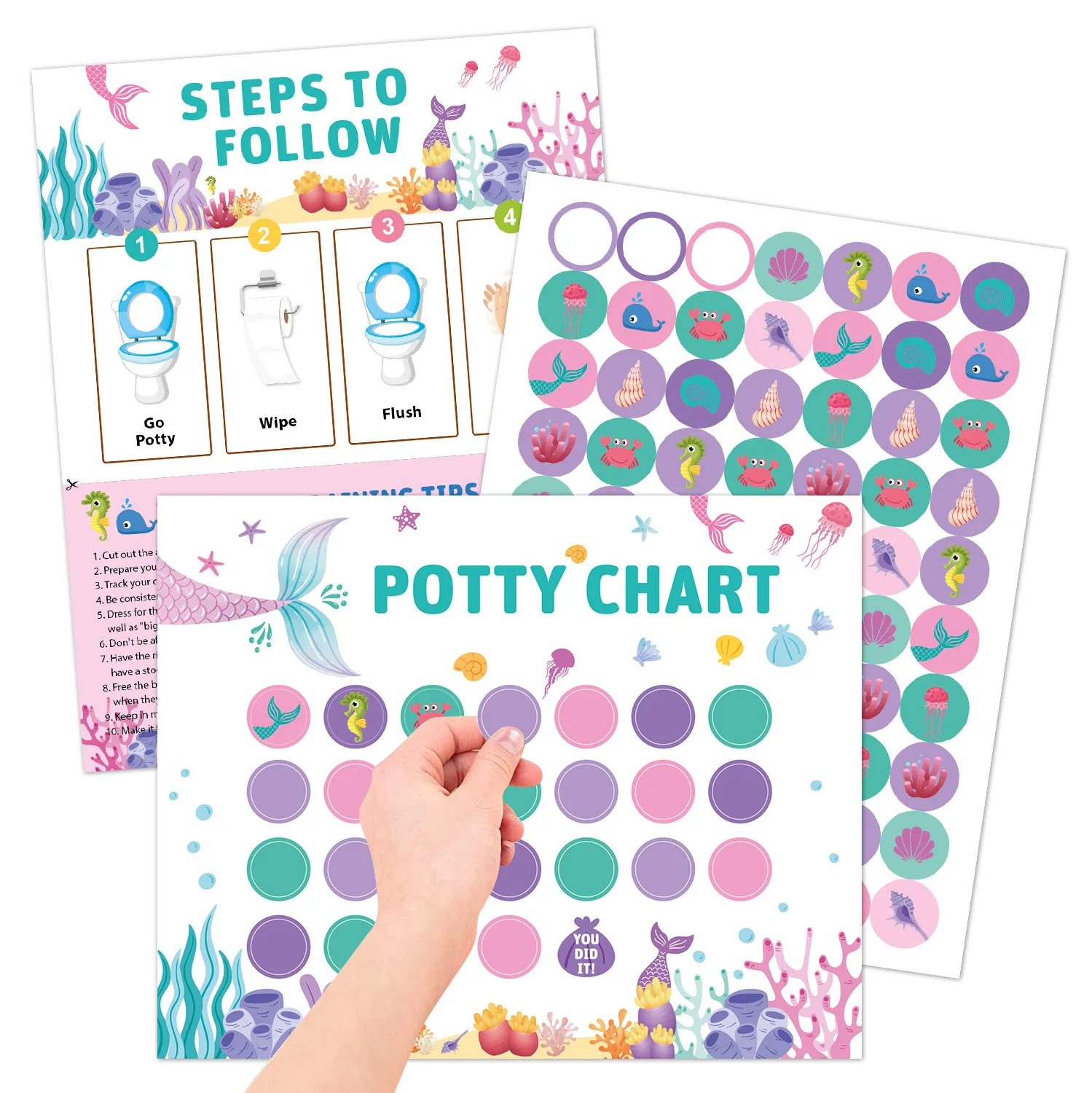 Youngsters Potty Training Chart with Stickers - Fun Mermaid, Designs for Boys and Girls - Colorful Motivational Tool