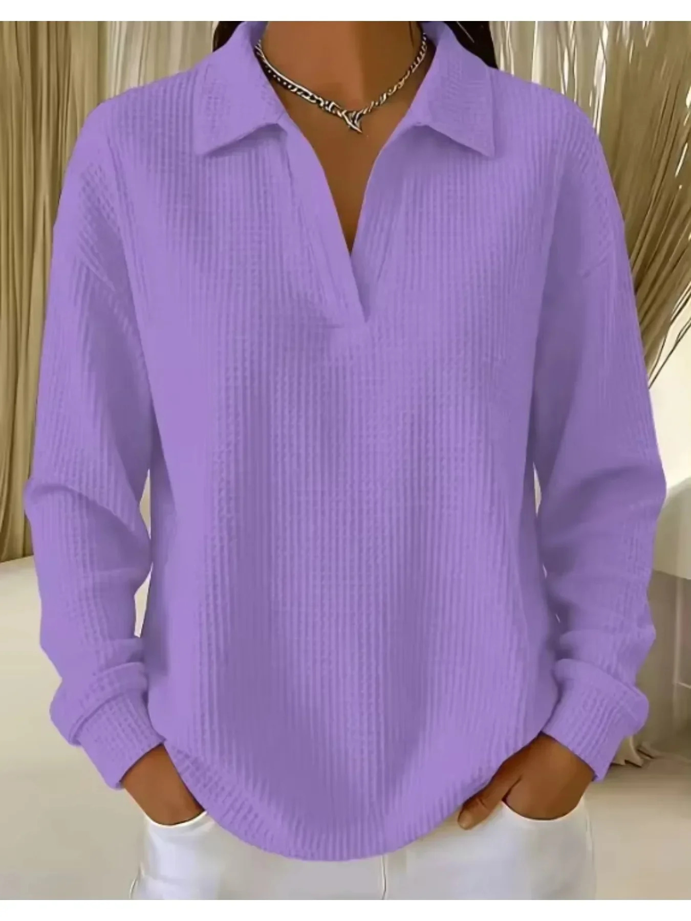 Camisa polo de punto gofrado para mujer, de talla grande, con mangas largas, tejido elástico, de color liso, blusa informal para mujer.