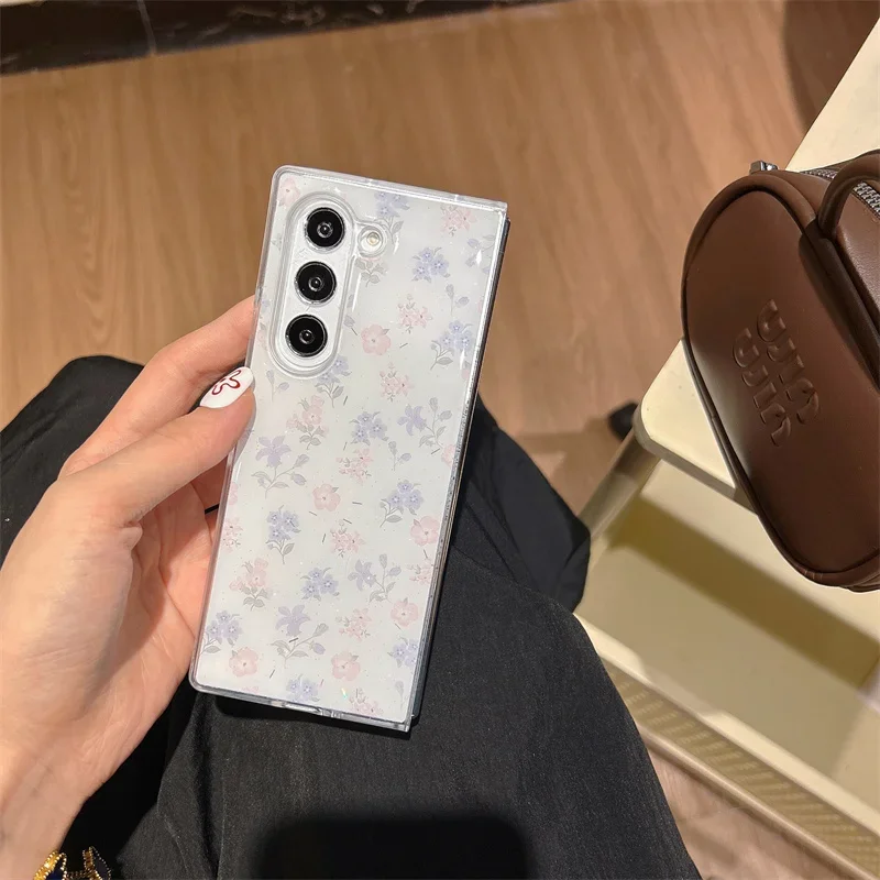 Phone Case For Samsung Galaxy Z Flip 7 FE 6 3 4 5 Z Fold 4 5 6 7 Ins Blue Floral Flower Shockproof Cover