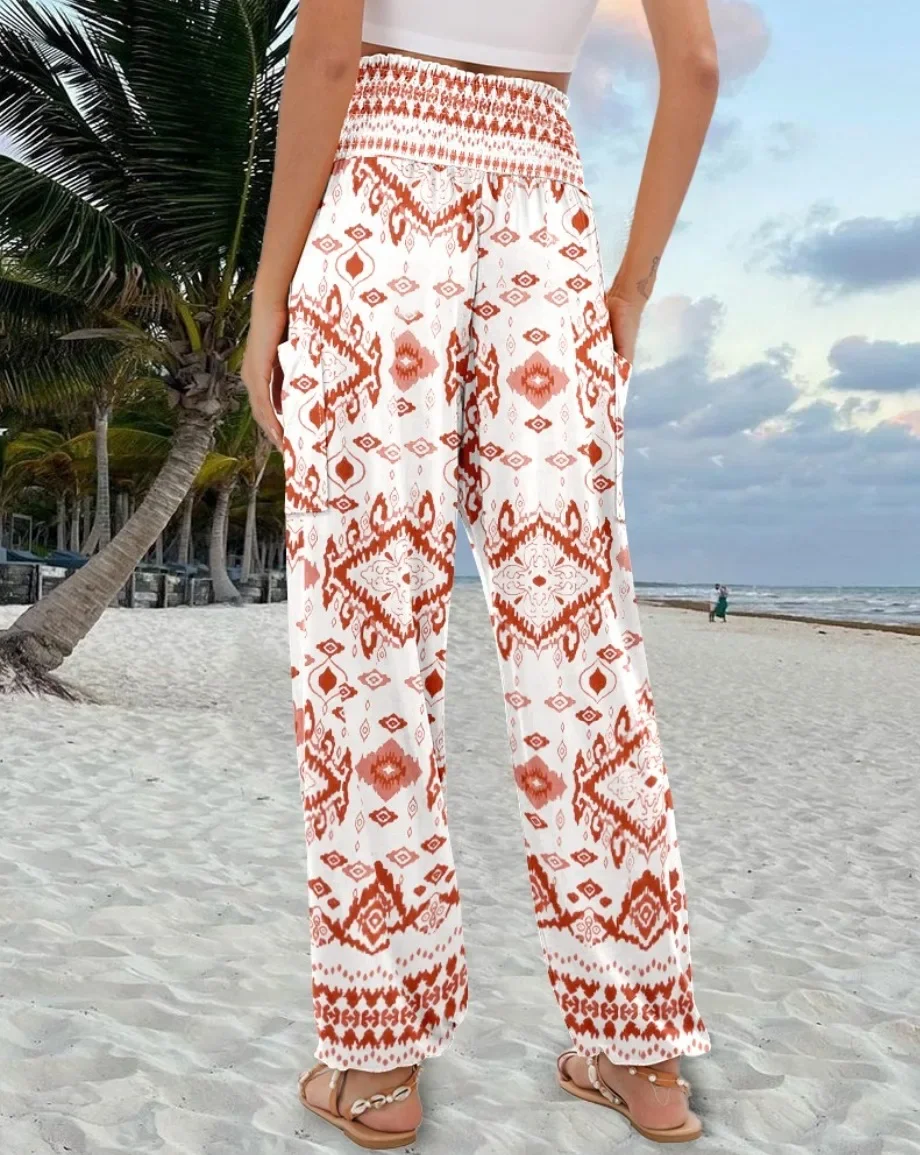 Damen Boho Bedruckte Haremshose mit Hoher Taille, Elastischem Bund, Seitentaschen, Lockere Hose für Strandurlaub und Freizeit – Detail 19