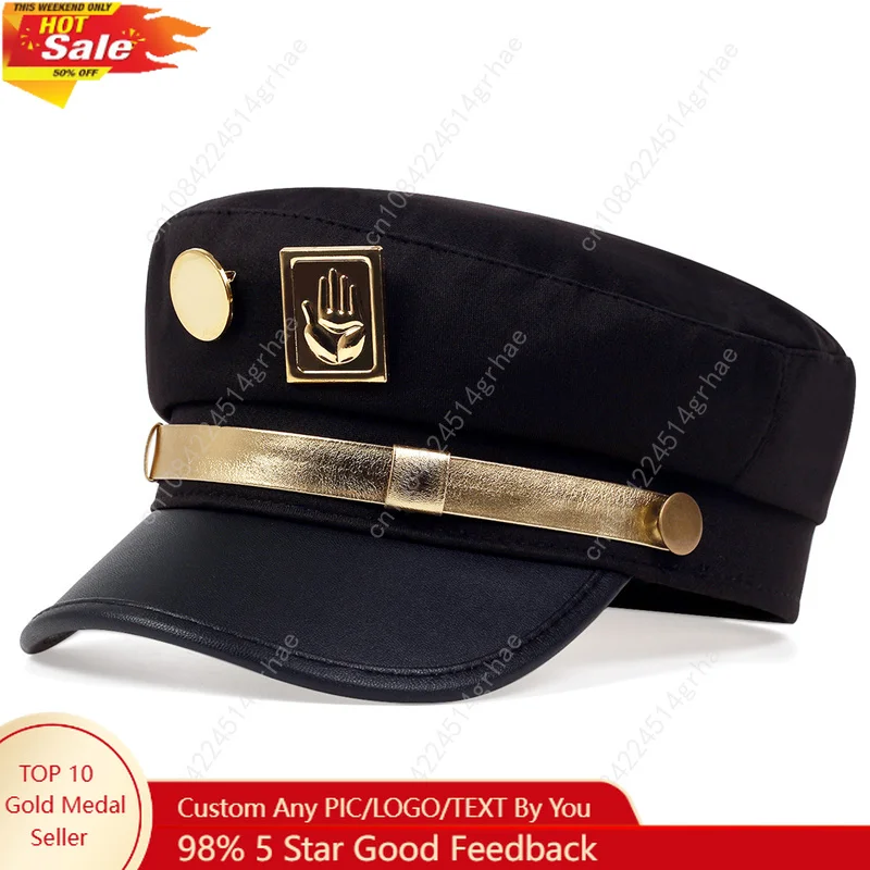 Anime bizarre aventura chapéu adulto unisex cosplay boné crachá broche pino prop borda ouro palma marinha chapéus acessórios de fantasia