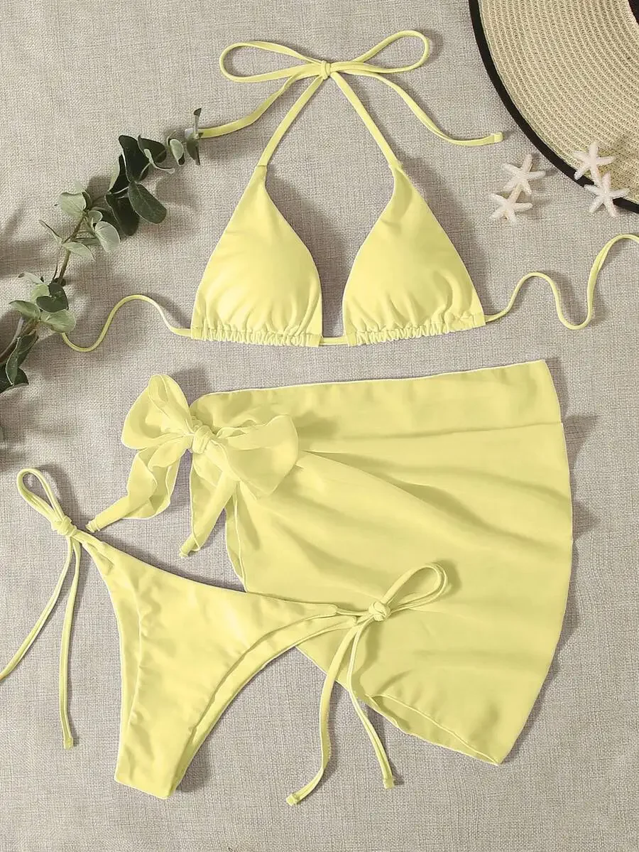 

Womens Yellow Halter Triangle Bikini Set With Skirt And Side Tie Bottoms