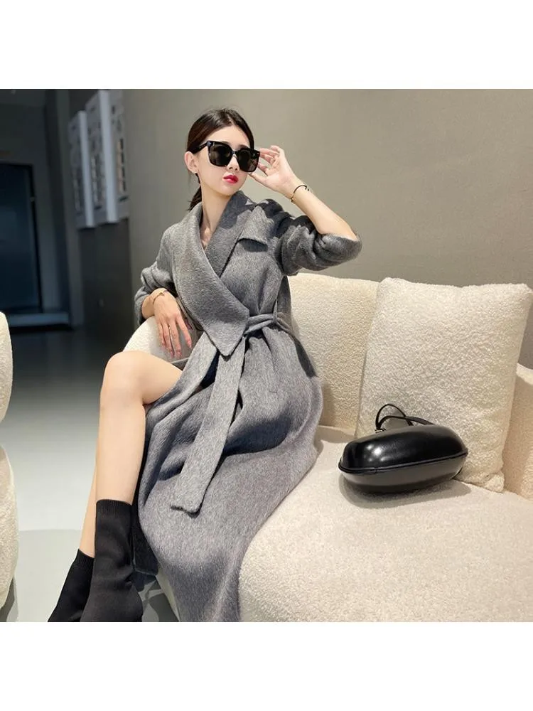 

2022 Autumn And Winter Handmade High End Long Black Lace Up 90% Wool Coat Women Korean Style Loose White Alpaca Woolen Jacket