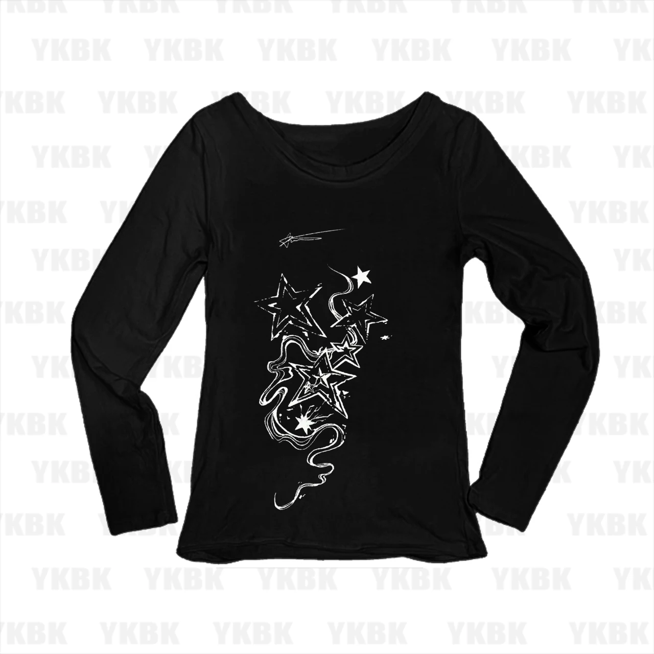 Grunge Shooting Swirl Stars Long Sleeve Tee Women Slim Vintage Gothic Y2K Casual Black White Two Color Autumn Basic Tops