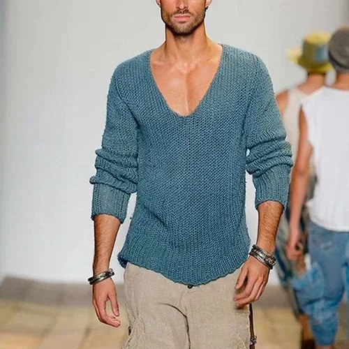 Mens Casual V-Neck Solid Sweater Autumn Winter Fashion Knitted Pullover Tops For Men 2025 Harajuku Long Sleeve Jumper Streetwear