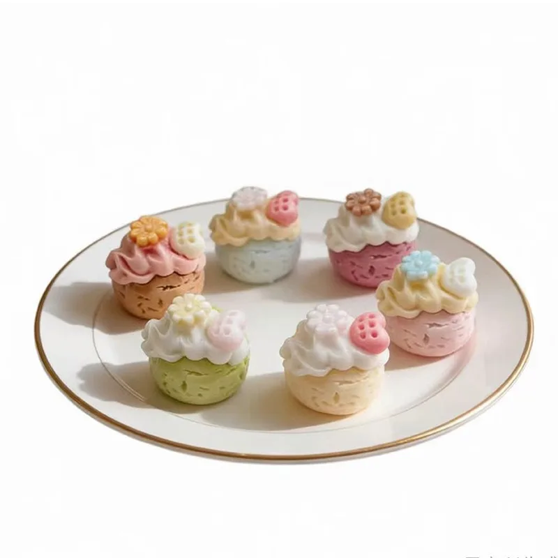 6PCS Cream Puff Resin Charms Miniature Play Food Dollhouse Decor Pendant Keychain DIY Craft Accessories
