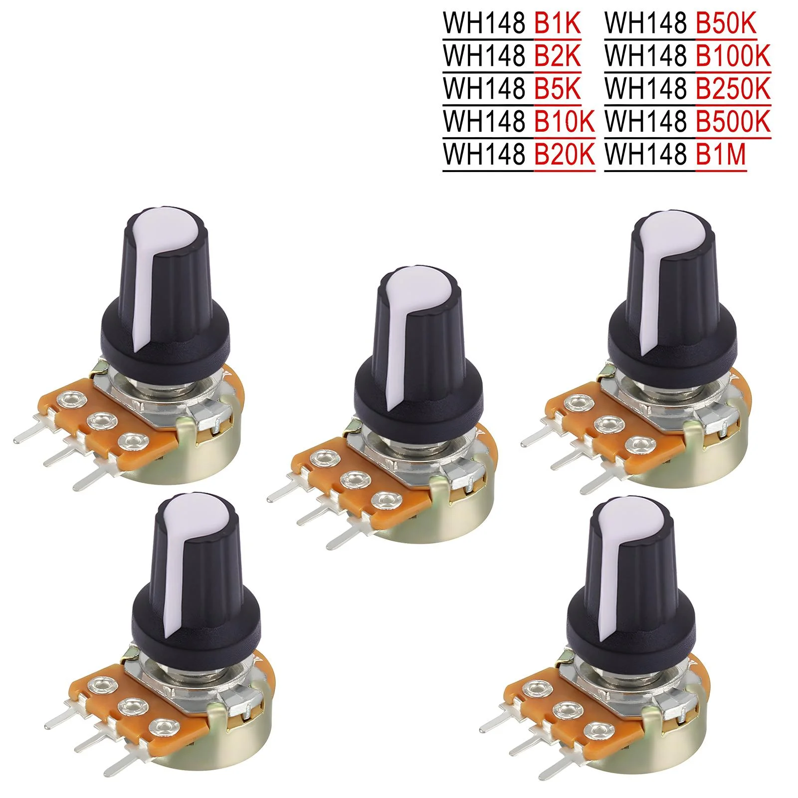 5 buah WH148 potensiometer 3Pin 1K 2K 5K 10K 20K 50K 100K 250k 500K 1M Ohm resistor potensiometer putar lancip linier