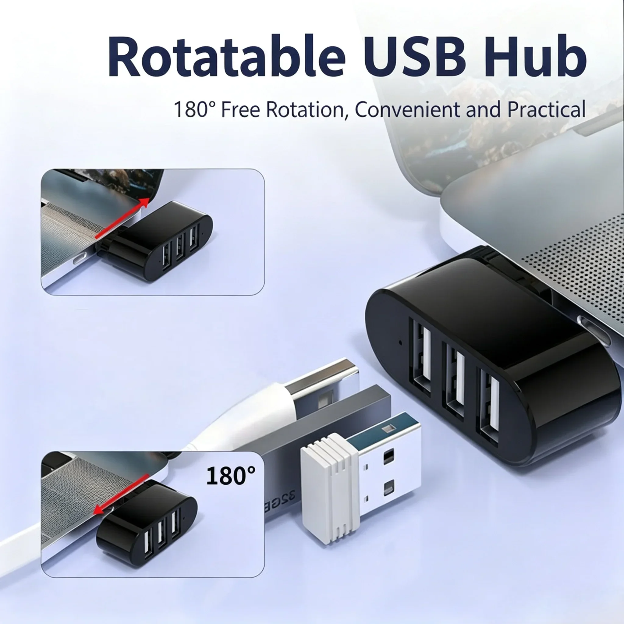USB 2.0 Mini Hub Adapter 90-degree Rotating High-speedUSB Flash Drive Card Reader Splitter 3-port USB 2.0 for Computer PC Laptop