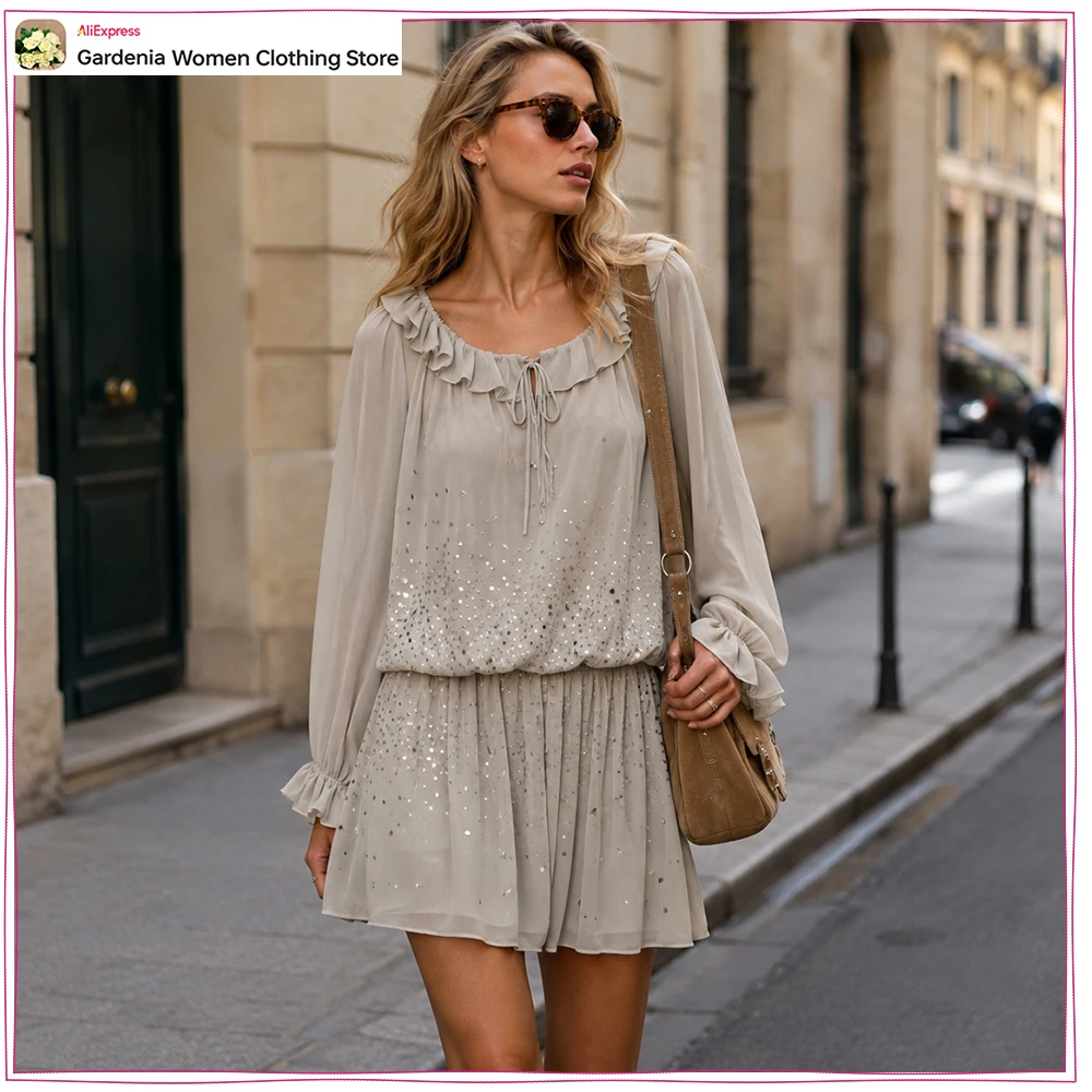 Elegant Fashion Women Georgette Shimmer Ruffle Mini Dress New in Fabulous Gray Long Sleeves Short Dress with Rhinestone Appliqué