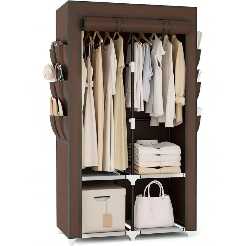 

Portable Closet Wardrobe Closet Hanging Clothes With 4 Storage Shelves, 2 Hanging Rods And 6 Pockets, Stable And Easy Assembly