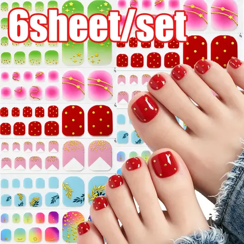 6 feuilles d'autocollants pour ongles de pieds aux couleurs estivales éclatantes, avec motifs étoiles dorées, feuilles et points, bandes adhésives pleine couverture pour ongles de pieds carrés