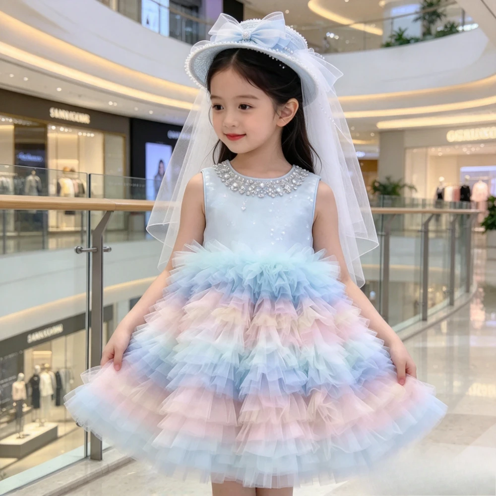 Girls Rainbow Gradient Party Banquet Wedding Flower Girl Tulle Kids Formal New Children Daily Sleeveless Cake Dress Birthday