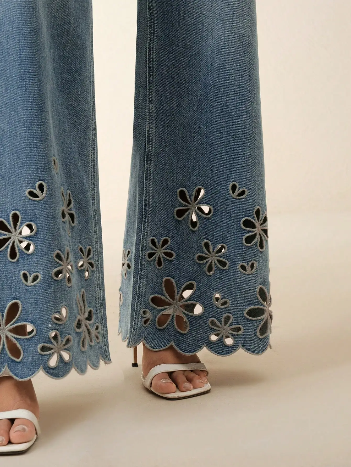 

Women's Flared Denim Pants with Floral Cutout Details and Scallop Hem