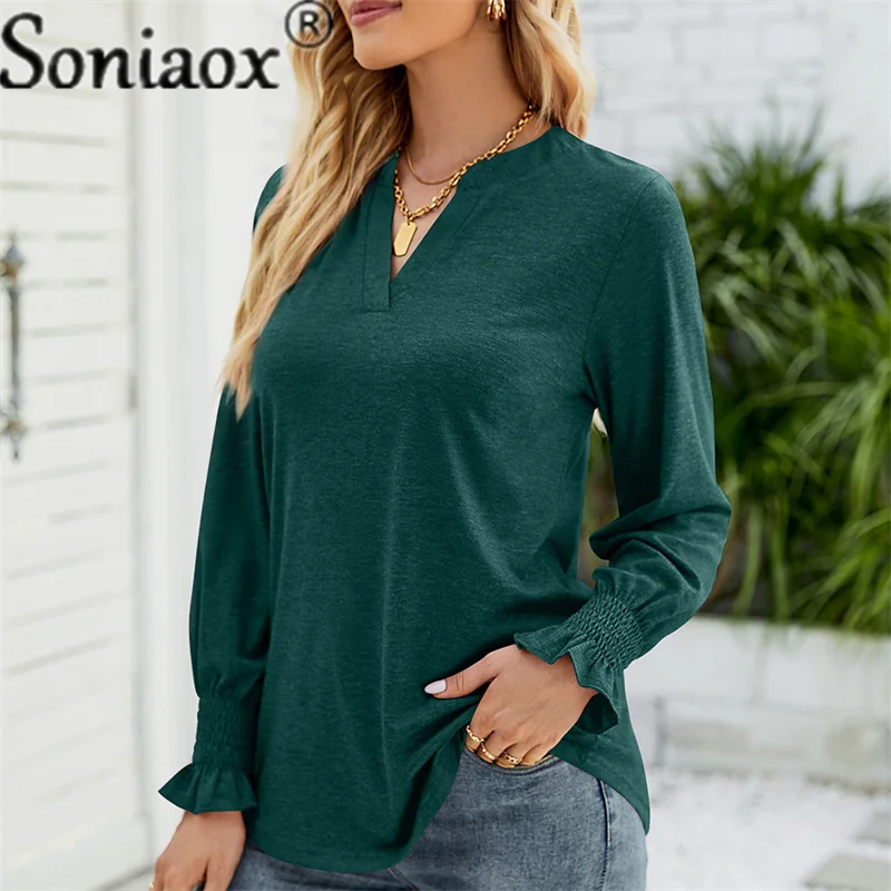 T-Shirt Vintage Warna Solid Musim Panas Wanita 2022 Atasan T-Shirt Pullover Jalan Wanita Longgar Kasual Lengan Kerutan Leher-v Perca