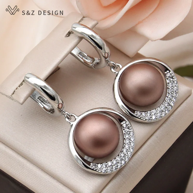 S&Z DESIGN New Fashion Round Simulated-pearl Dangle Earrings For Women Wedding 585 Rose Gold Color Cubic Zirconia Jewelry