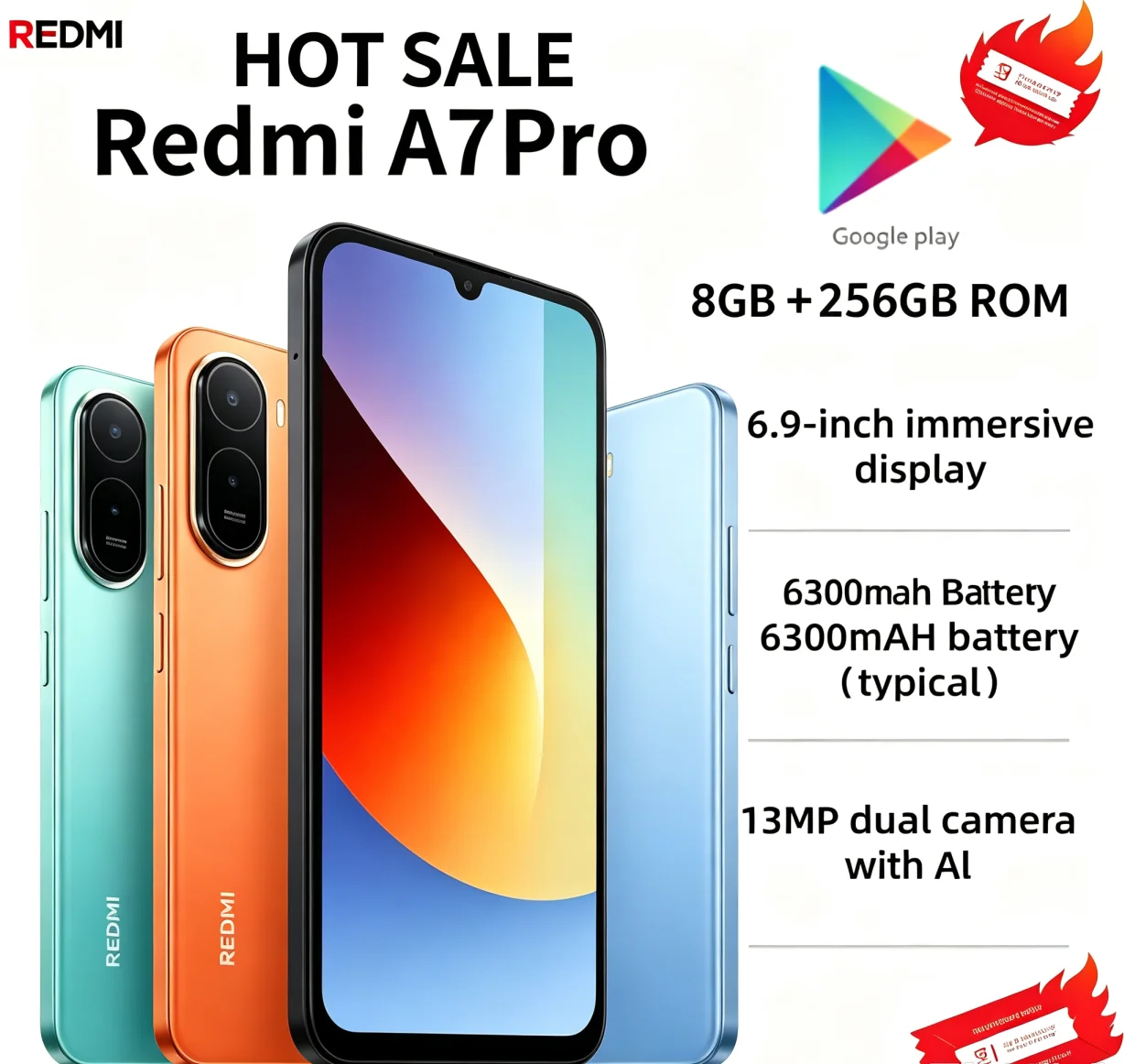 2026 Smart Pick Redmi A7Pro Gaming‑Capable Smartphone 8GB RAM 256GB ROM 6.9 Inch FHD+ Large Full Screen MediaTek Helio G85