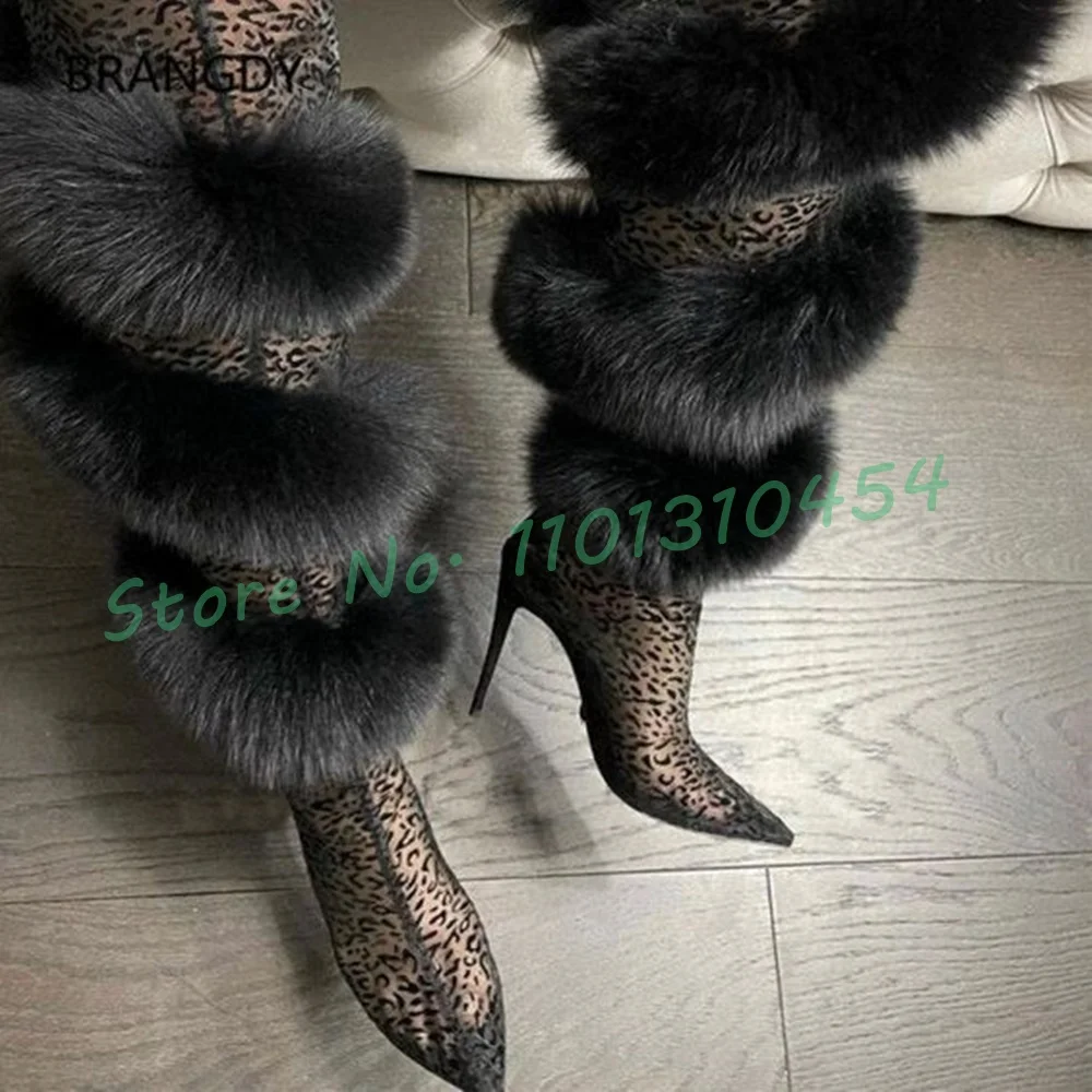 Fur Strap Stretch Thigh High Boots Ladies Leopard Mesh High Heels Women Shoes Spring New In Streetwear Fluff Sexy Black Boots