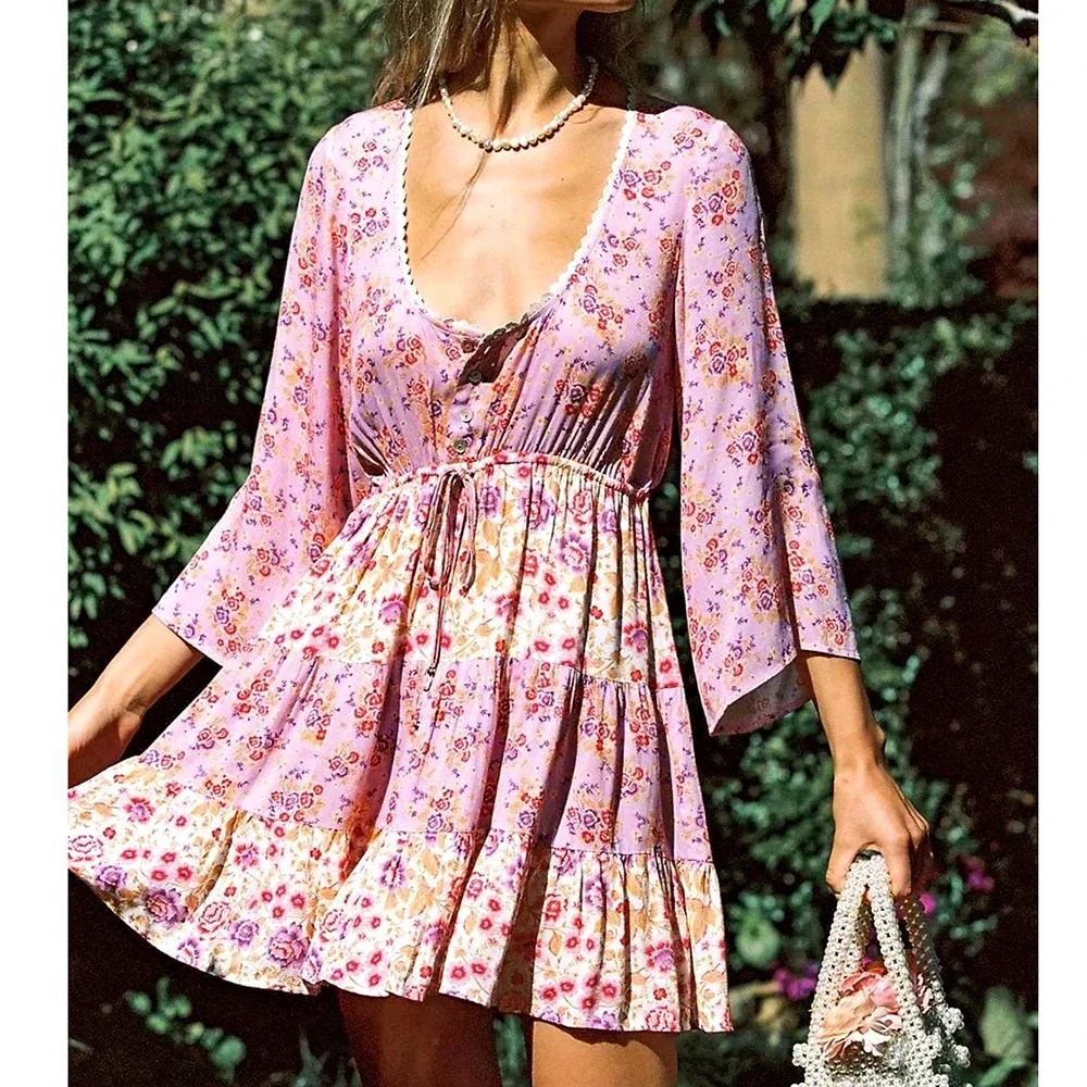 GypsyLady Floral Vintage Mini Dress Pink Holiday Boho Women Dress  Flare Sleeve Summer Holiday Ladies Female Sexy Dresses 2021