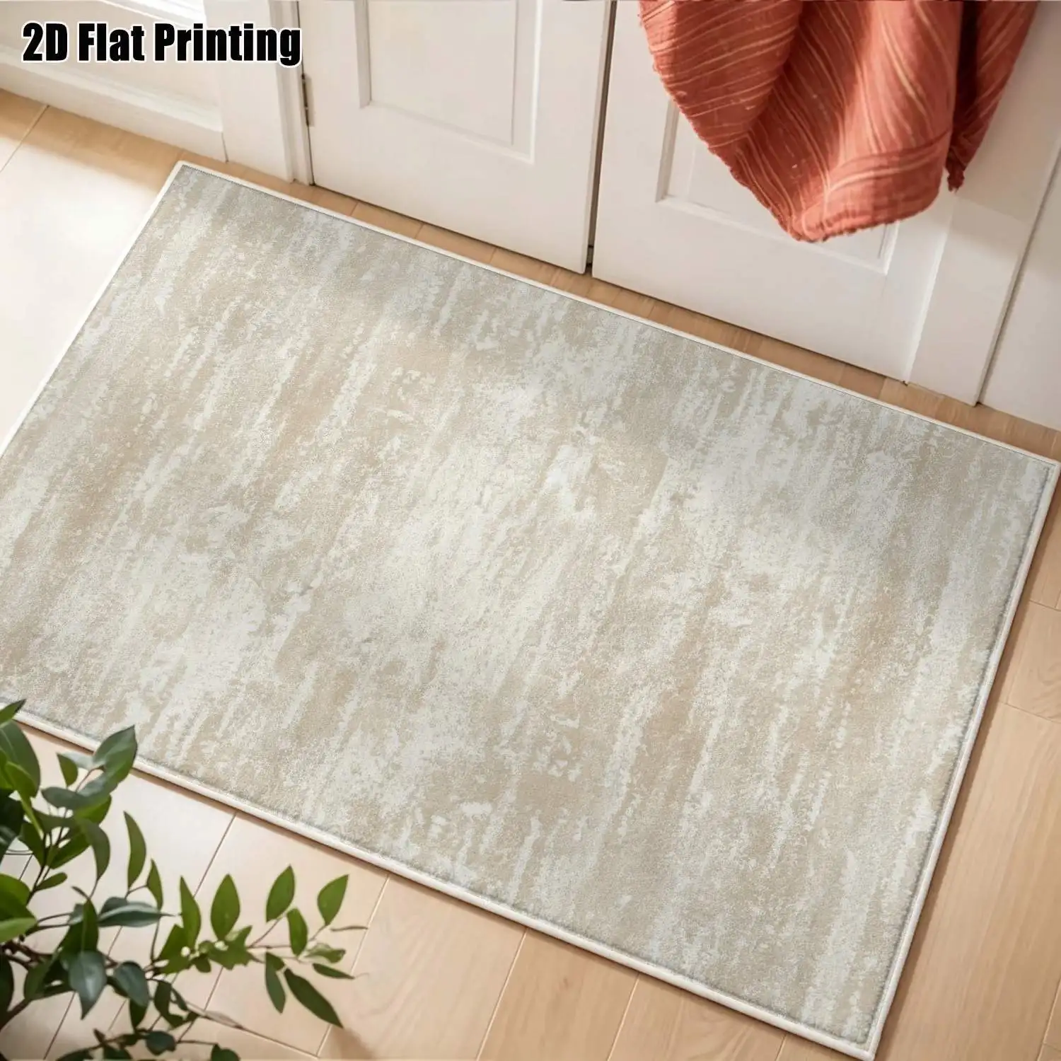 1Pc 2D Printed Beige Velvet Abstract Line Carpet: Nordic, Modern Minimalist, Vintage Geometric Striped, Multi-Size Machine Washable Home Decor Mat for Entryway, Dining Room, Foyer, Bedroom, Living Room