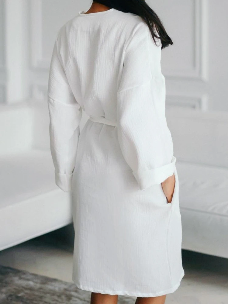 Peignoir en coton à manches longues pour femmes, Peignoir décontracté, Vêtements de nuit monochromes, Ceintures, Lin, Mode féminine, Automne, 2023