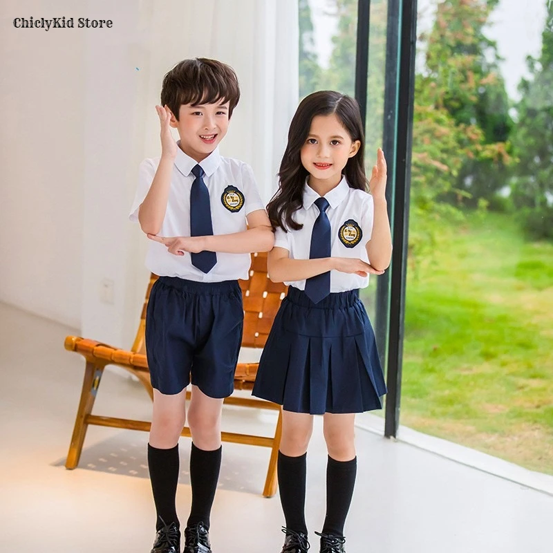 Girls Short Sleeve Blouse Skirt Boys Korean Shirt Shorts Children Kindergarten Students Summer Clothes Sets Kids School Uniform 4