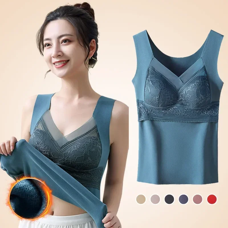 

2-in-1 Sling Vest Undershirt Women Padded Winter Intimate Warm Camisole Underwear Bra Velvet Thermal Tops Built-in