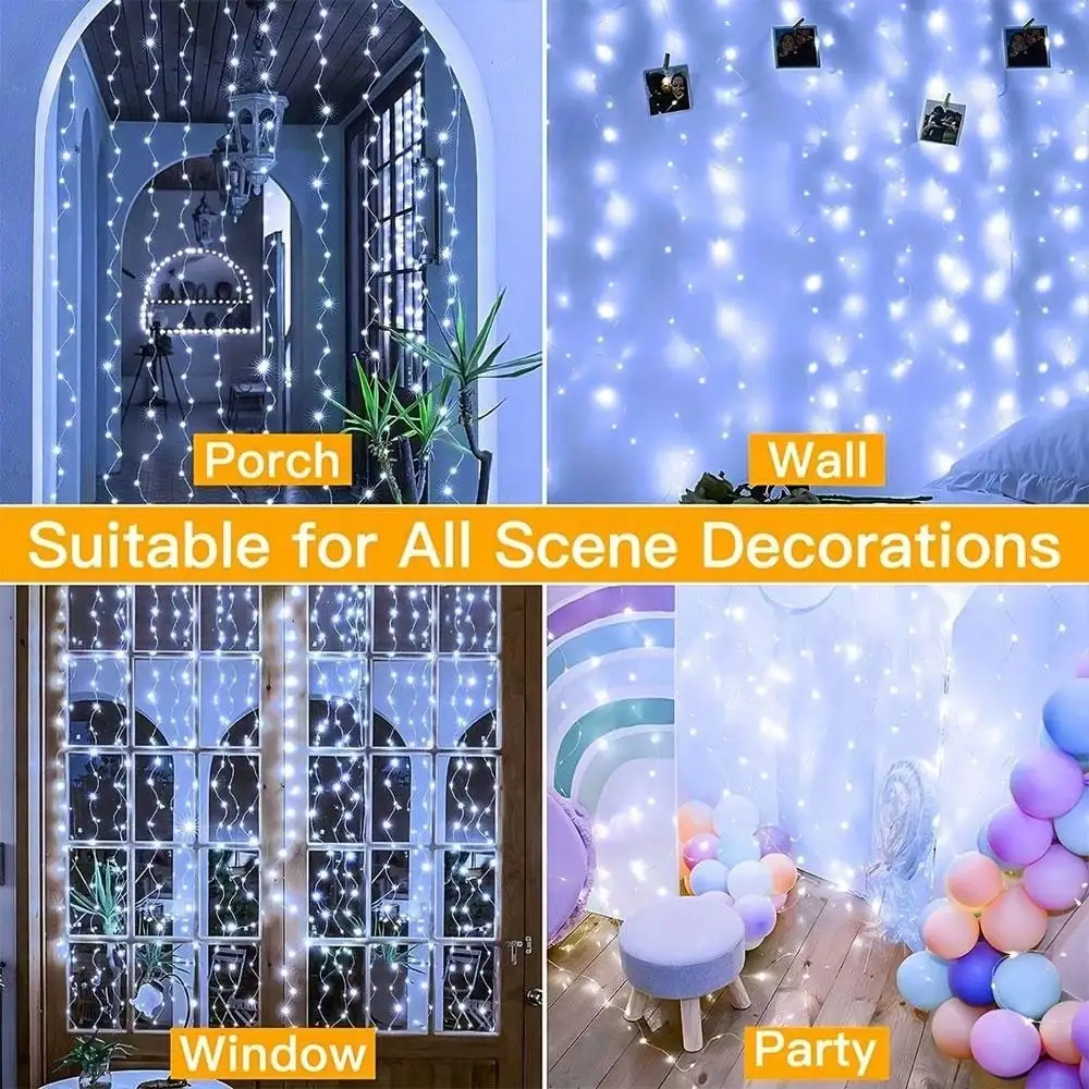 9.8ft X 9.8ft 300 LED Curtain String Lights, USB Waterproof Fairy Copper Lights with Remote Control 8 Lighting Modes, Colorful Window Curtain Lights for Wedding Bedroom Party Garden Christmas Home Wall Decor