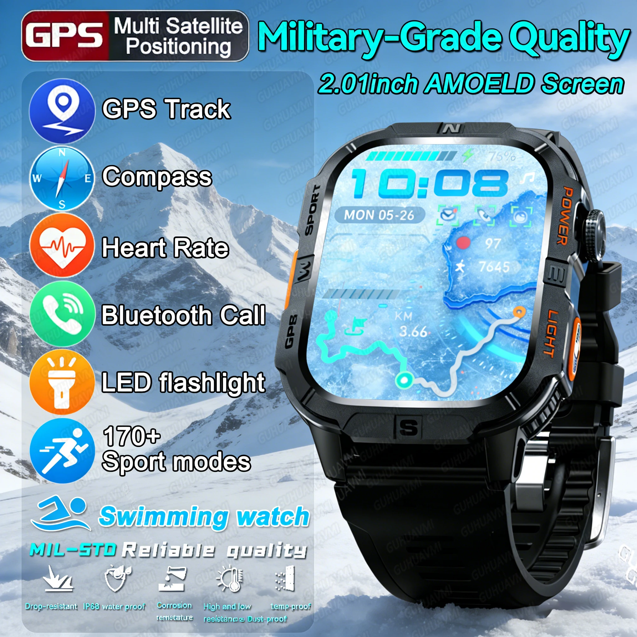 

2026 New Military GPS SmartWatch 2.01" AMOLED Built in GPS Compass Flashlight 5ATM Bluetooth Call Waterproof Sports Bracelet Men
