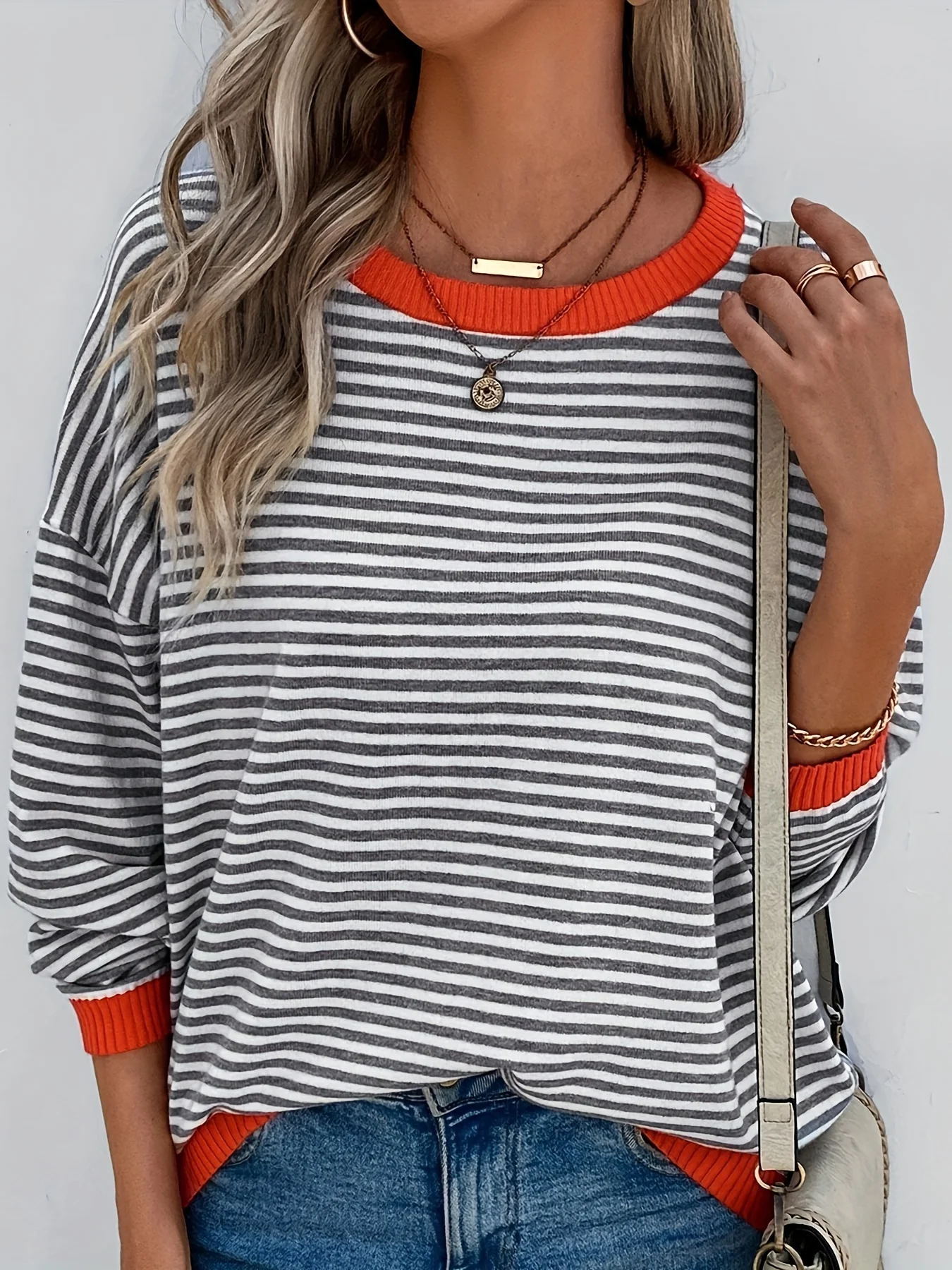 Outono inverno em torno do pescoço suéteres simples chique jumpers feminino listra camisola vintage básico de malha topos casual pulôver