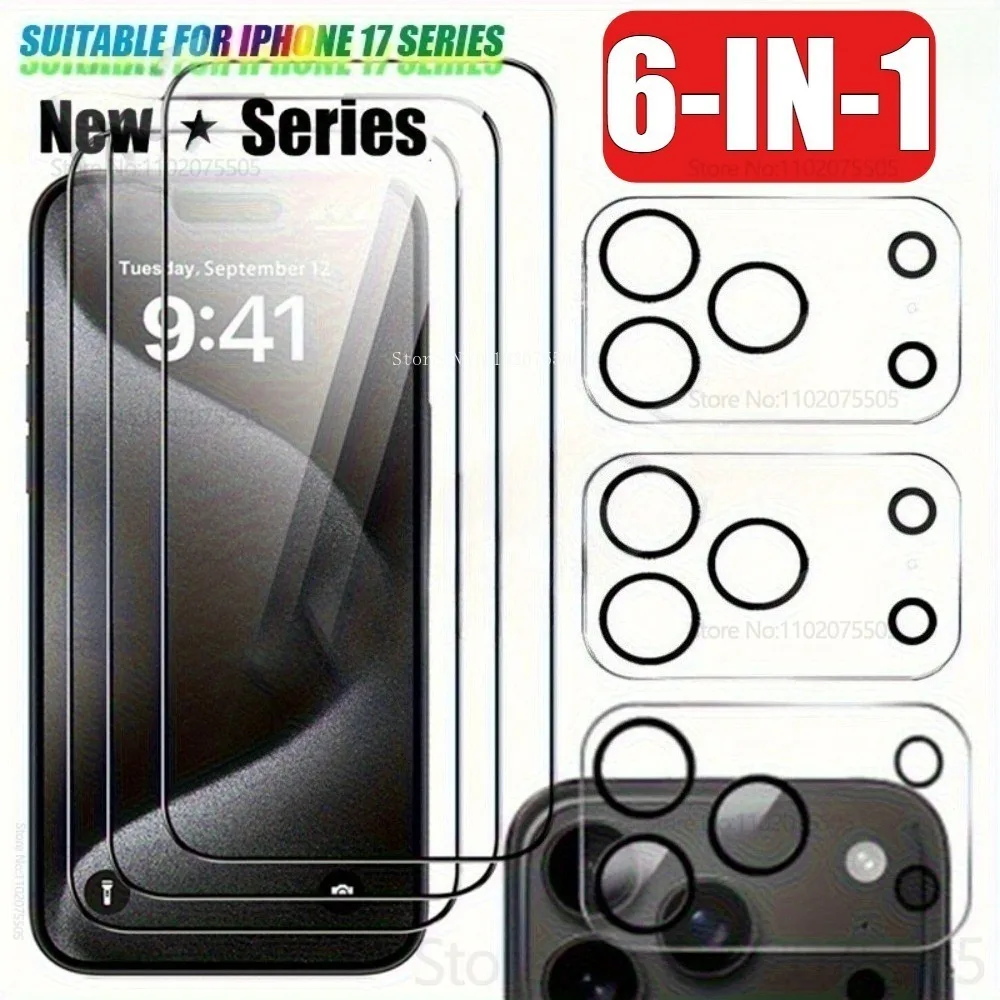 

3 шт. закаленное стекло с твердостью 9H + 3 шт. защитная пленка для объектива для IPhone 16 Promax 17 Air 17 Promax 15 14 Plus 13 Promax 11 12 13Mini