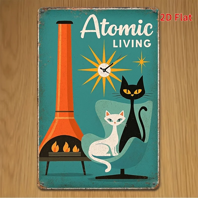 Atomic Living Tin Sign - Mid-Century Modern Retro Metal Wall Art with Black Cat, White Cat & Atomic Flame Design - Turquoise