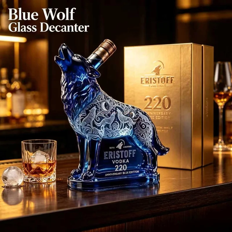 Animal Wolf‑Shaped Blue Glass Whiskey Decanter 350ml Decorative Display Bottle for Home Bar Party Collection Gift
