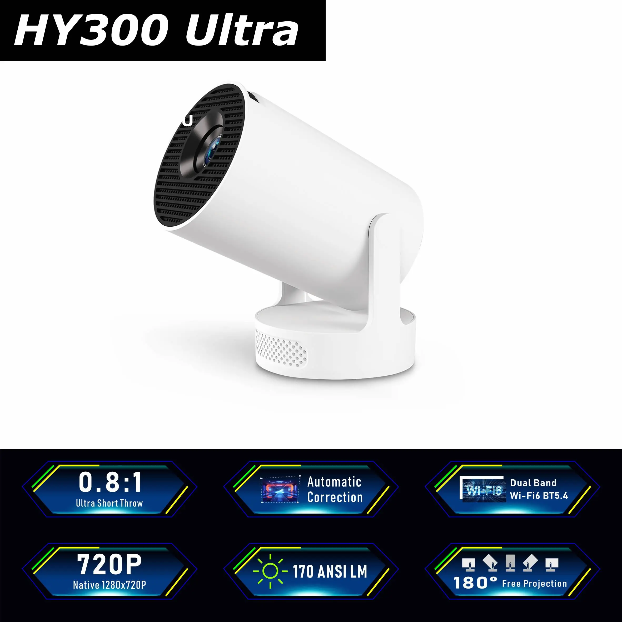 

New Upgrade HY300 Ultra Projector Android 11 Built in 5W Speaker 1280*720P Wifi6 BT5.4 Outdoor Portable Projector