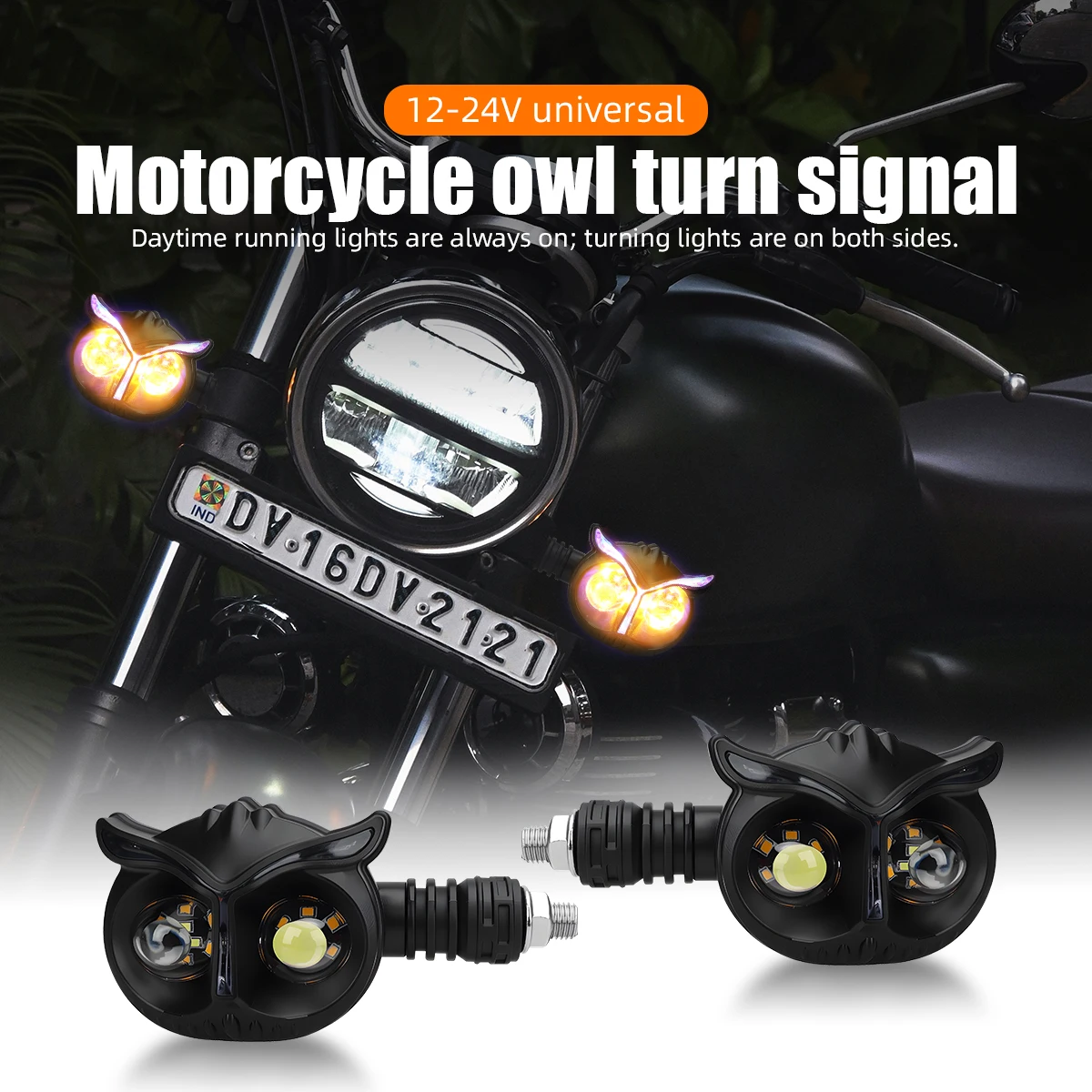 2pcs Motorcycle Owl Turn Signal Light Motorbike Dual Color Indicators Blinker Running Lights Universal 12V Moto Rear Lamp Access