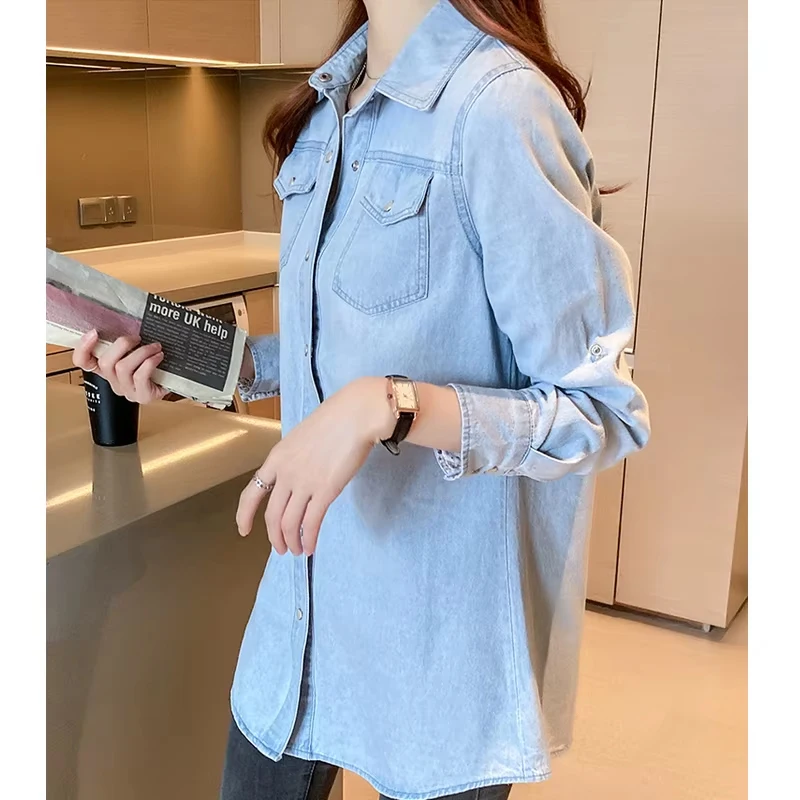 2025 الخريف الحلو طويلة الأكمام رقيقة قميص دينيم موضة المرقعة المرأة القمصان مع جيوب الكورية نمط المرأة بلايز 9837