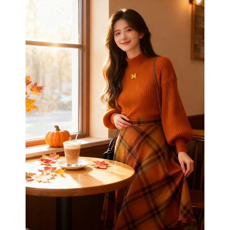 Retro sle feminino camisola de malha e saia xadrez conjunto de duas peças outono faion conjunto saia de cintura alta longa sve