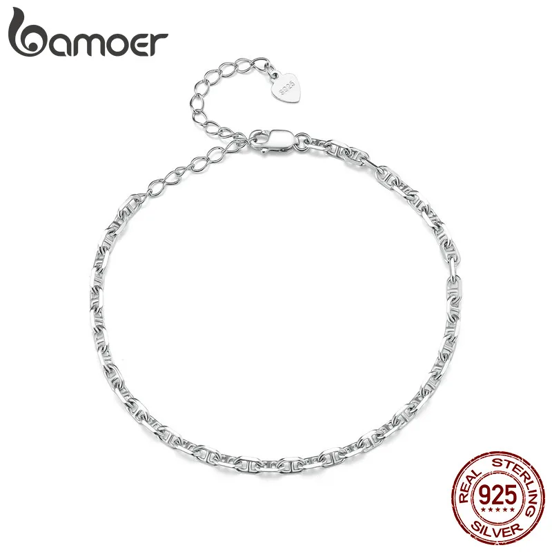 Bamoer 925 Sterling Silver 3mm Basic Bracelet Square Shaped Chain Link Silver Jewelry For Men & Women SCB254