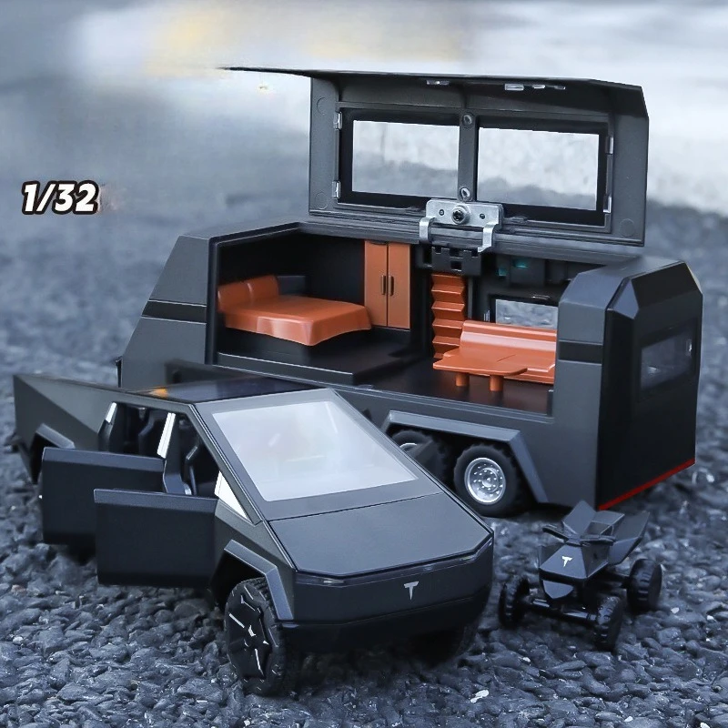 

1:32 Pickup Truck Camping RV with motorcycle car Model Metal Alloy Diecast Sound & Light Gift Boys Collection Car Model Toy