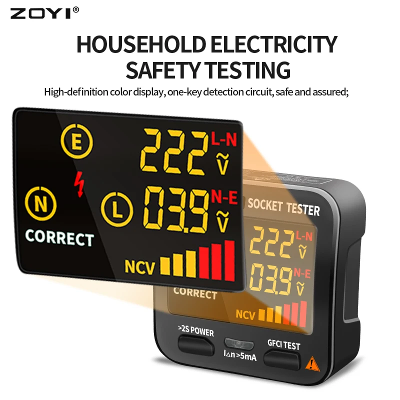 ZOYI Tester presa digitale Rilevatore di tensione intelligente RCD GFCI NCV Test Ampio display Controllo presa EU US UK Spina Terra Zero Line