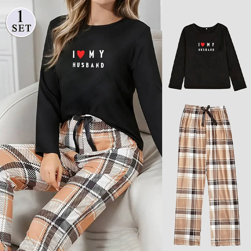 

Женские пижамы с буквенным принтом, осенняя домашняя одежда, костюм с принтами «Я люблю своего мужа», одежда для сна с длинными рукавами, большие размеры, 2 предмета