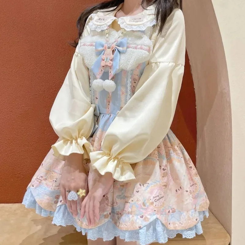 Peter Pan Collar Shirts Women Lolita Kawaii Embroidery JK Basic Japanese Style Girls Puff Long Sleeve Tops Chic Teens Vintage