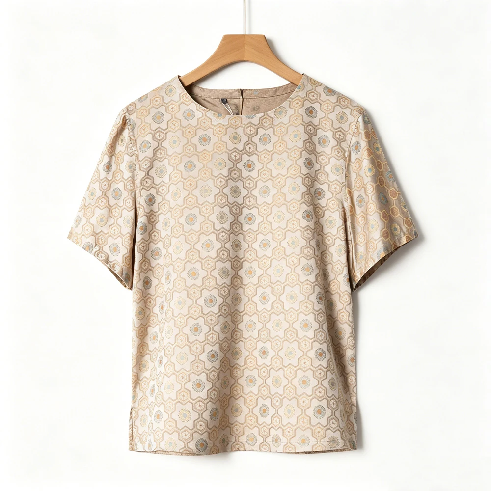2026 Women's Fashion Summer Clothing Heavy 100% Natural Mulberry Silk Song Brocade Apricot Hexagonal Printed T-shirt