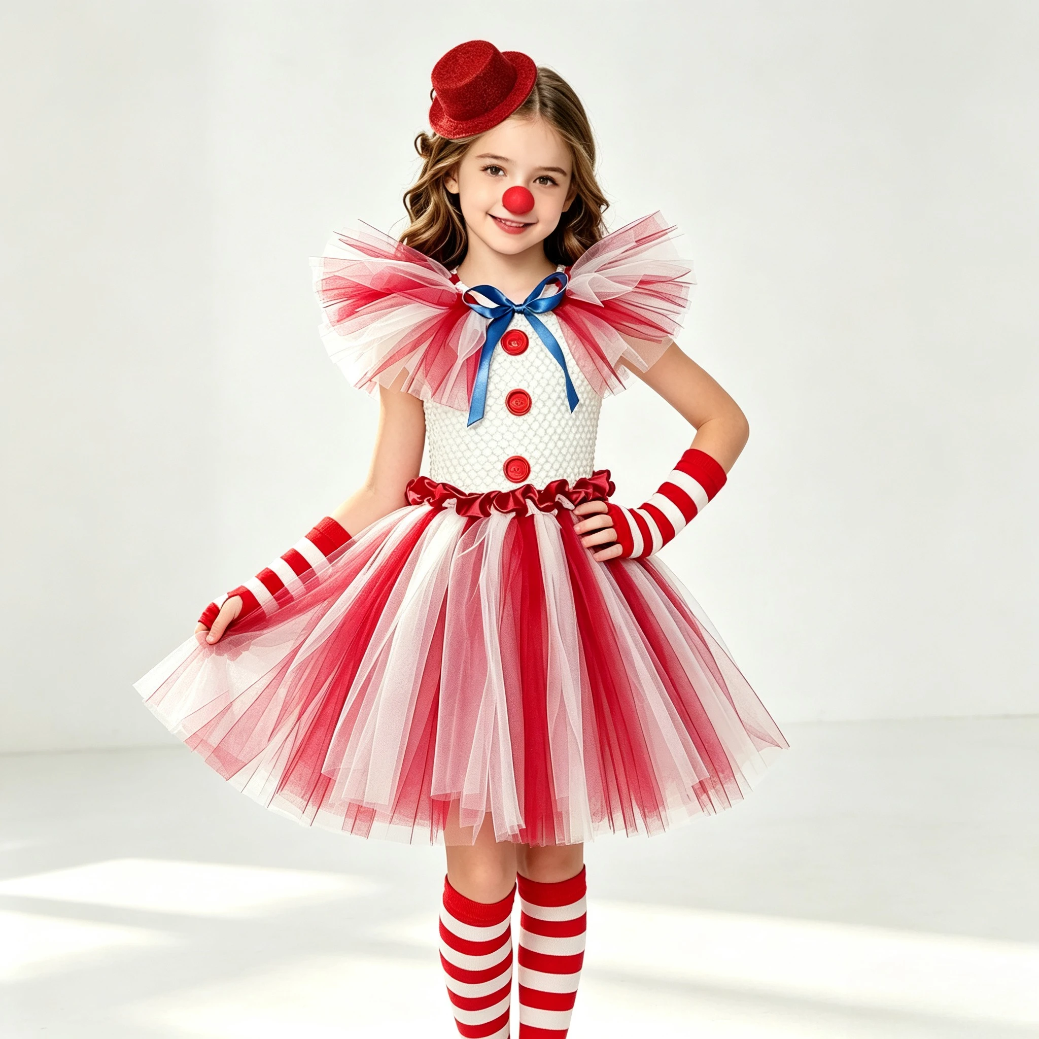 Girls Clown Red White Color Block Halloween Party Fancy Sweet Style Tutu Dress With Red Nose Hat Hair Clip Ruffled Collar Outfit