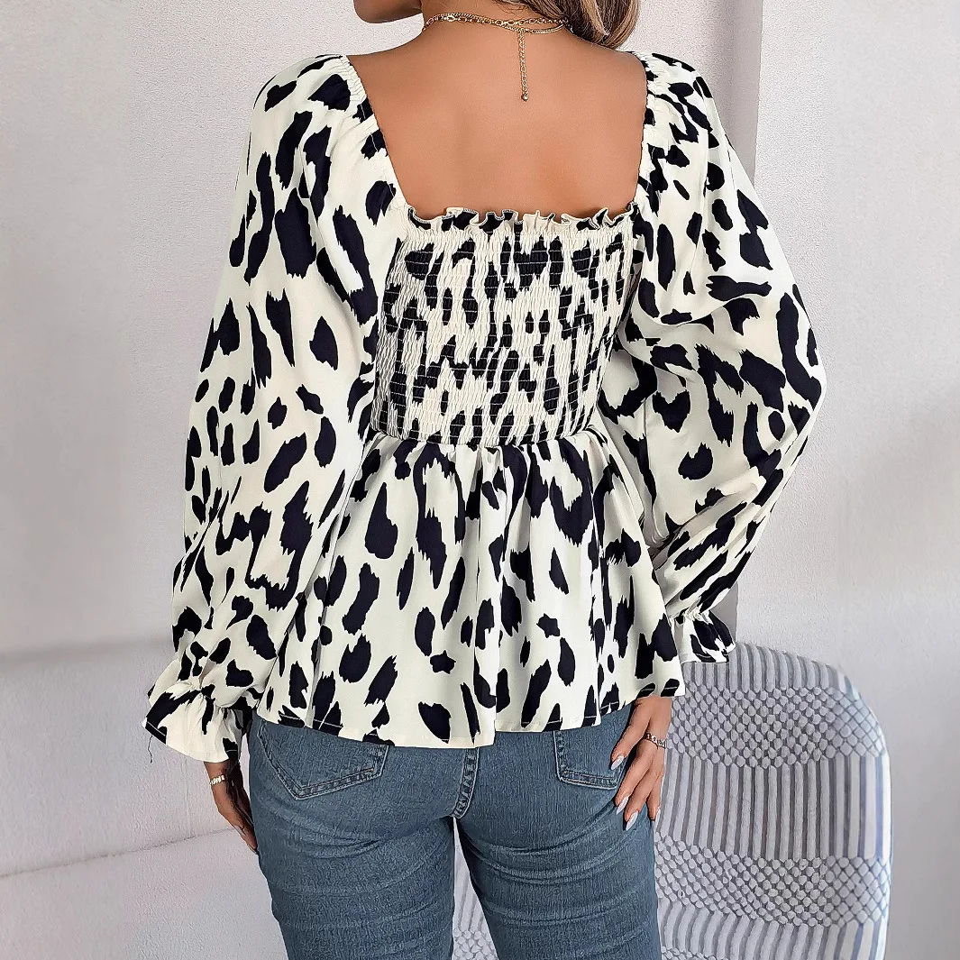 Frauen Bluse Leopard Print Top Quadrat Kragen Flare Hülse Essbaren Baum Pilz Blusen Chiffon Hemd Herbst Büro Dame