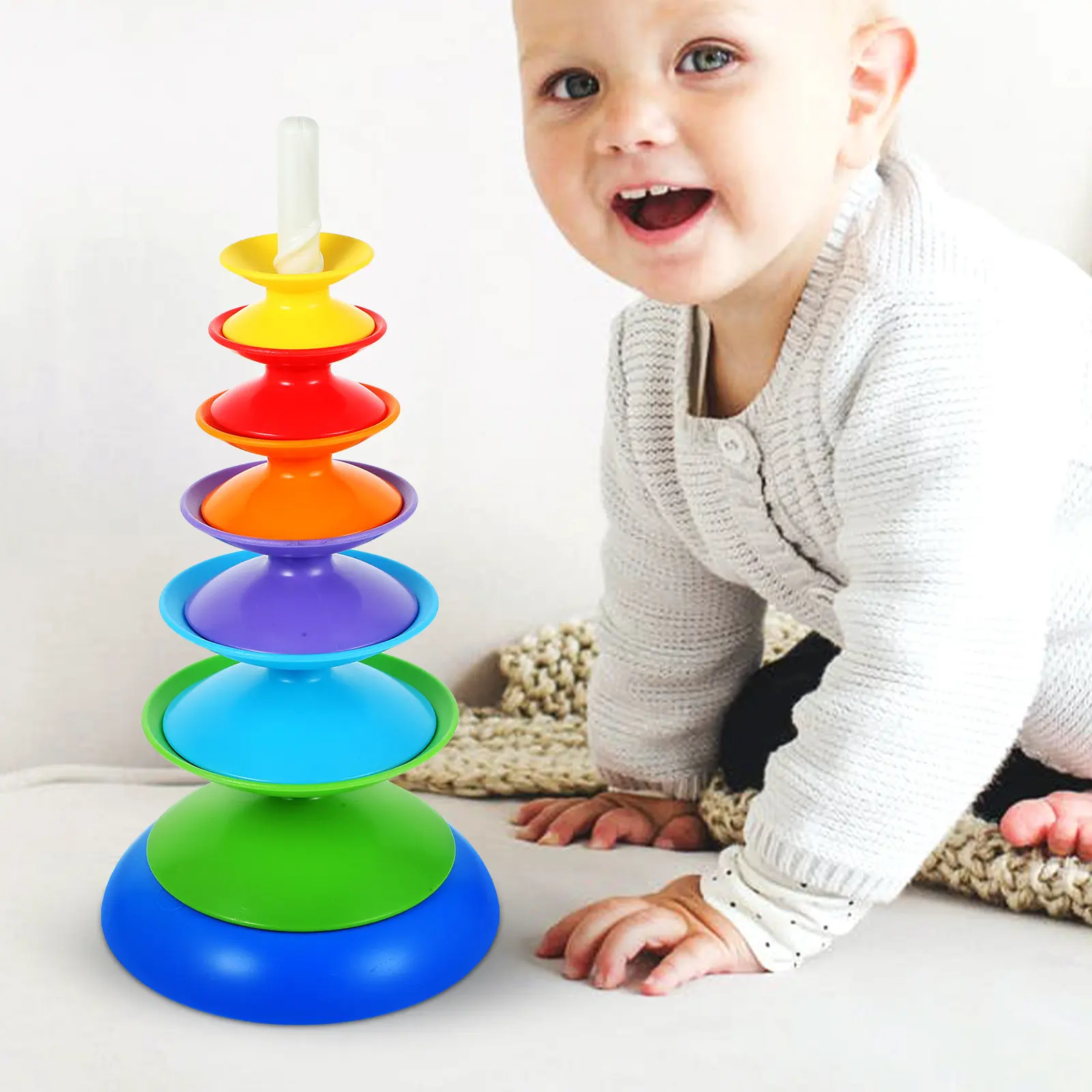 Baby Stacking Rings Toy Rotary Color Recognition Stackable Plastic Rings Early Learning Activity
