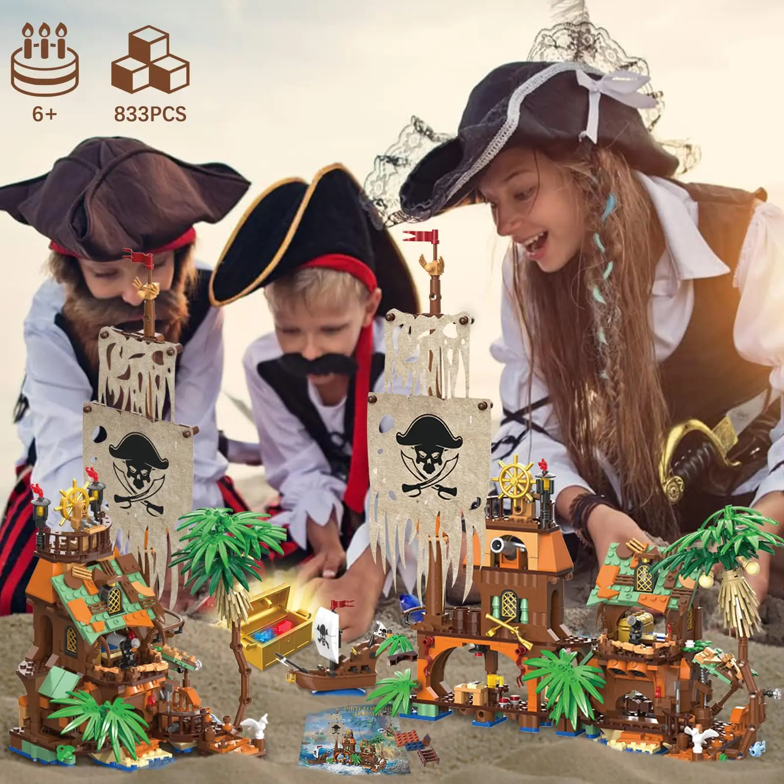 2 Styles Pirate Island Building Block Set - 833PCS Transforming Pirate Wharf & Ship STEM Bricks Kit Adult Creative Toy MOC 31002