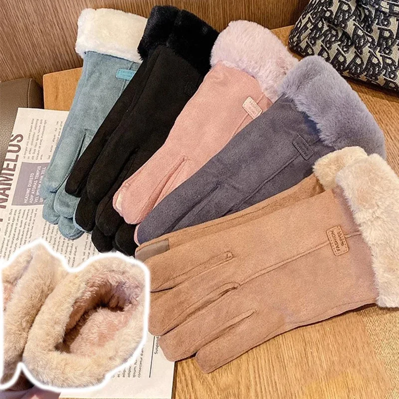 2024 Women Winter Suede Leather Gloves Warm Screen Women\'s Fur Gloves Full Finger Mittens Glove Driving Windproof Skin Friendly