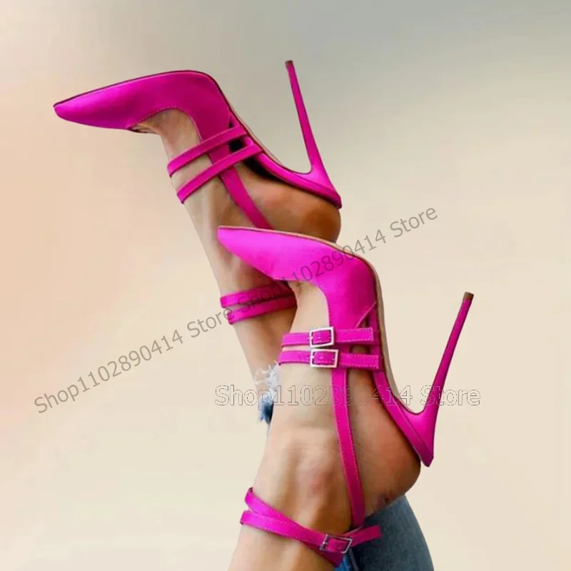 Rosa vermelha fivela decoração rasa apontou toe bombas tornozelo fivela cinta sapatos femininos finos saltos altos moda 2024 zapatos para mujere
